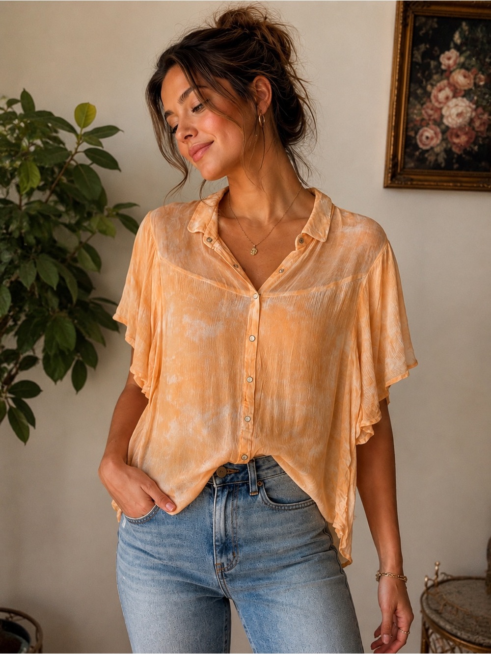 Ecote Peach Tie-Dye Button Down Top